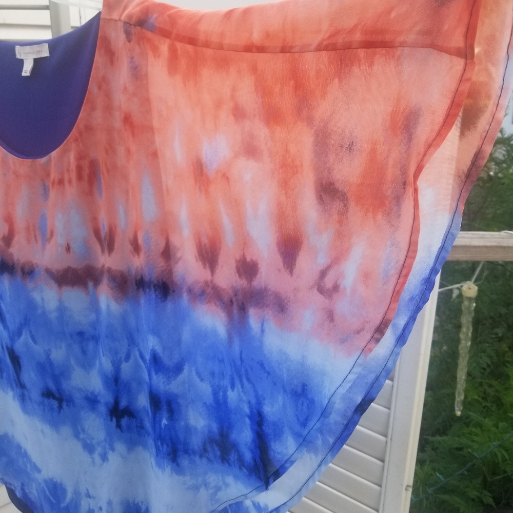 Dress Barn Flowy top attached Cami/Batwing Top sz L Tye Dye Effect Blue/Orange